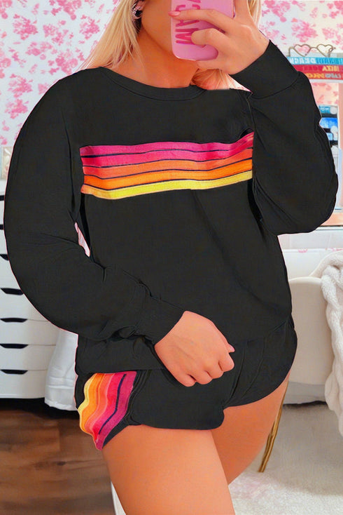 Striped Accent Pullover and Shorts Two Piece Casual Set